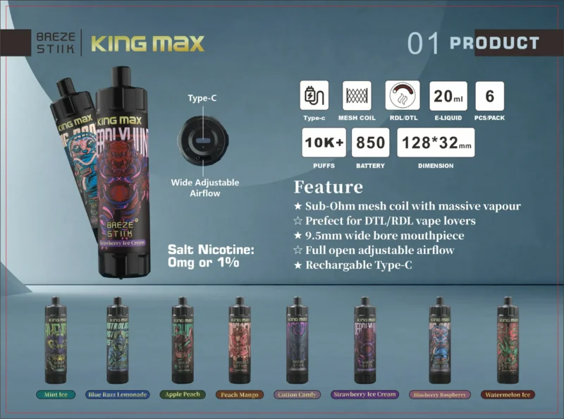 Breze Stiik King Max 10000 Puffs Disposable Vape Pen 20ml Capacity Adjustable Airflow Mesh Coil Wholesale Nicotine 0% 1% (2)
