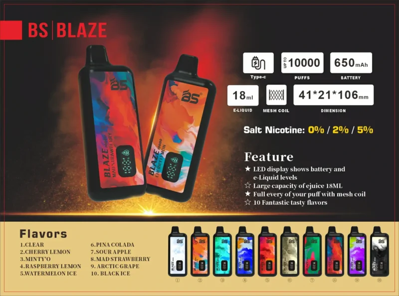Wholesale BREZE BS BLAZE 10000 Puffs Disposable Vape Pen 2024 Best Seller with Mesh Coil Display Screen and Multiple Nicotine 0% 2% 5% Options (13)