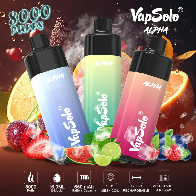 Wholesale Vapsolo Alpha 8000 Puffs Disposable Vape Pen with Mesh Coil and Adjustable Airflow LCD Display Bulk Buy from China Factory (1)