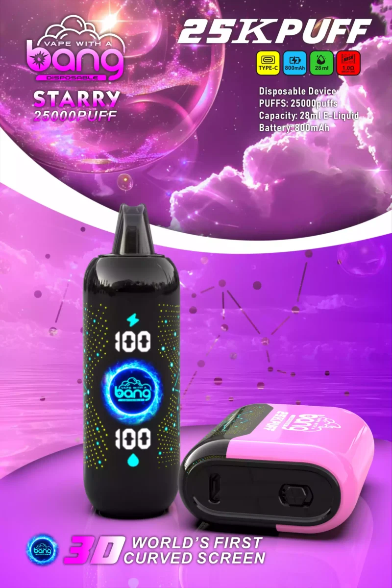Bang Starry 25000 Puffs Rechargeable 3D Curved Screen Disposable Vape Wholesale 0% 2% 3% 5% Low Nicotine 28ml E Liquid Mesh Coil Bulk Buy Disposable Electronic Cigarettes (12)