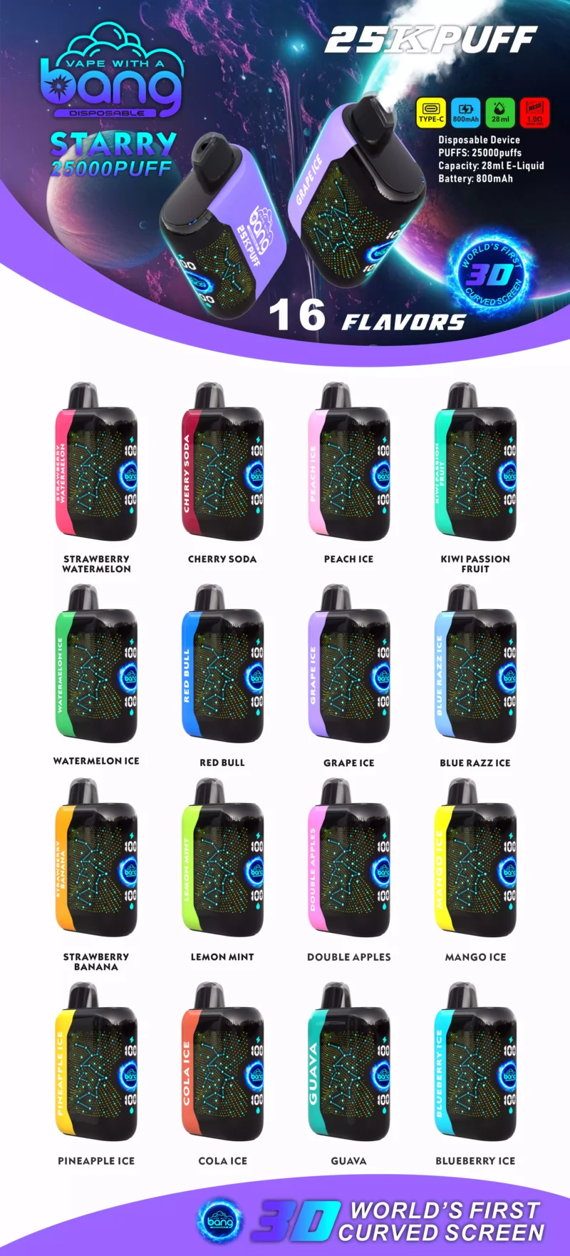 Quality Bang Starry 25000 Puffs Rechargeable Disposable Vape Wholesale Featuring 3D Curved Screen Low Nicotine 0 to 5 Percent 28ml E Liquid Mesh Coil Bulk Buy