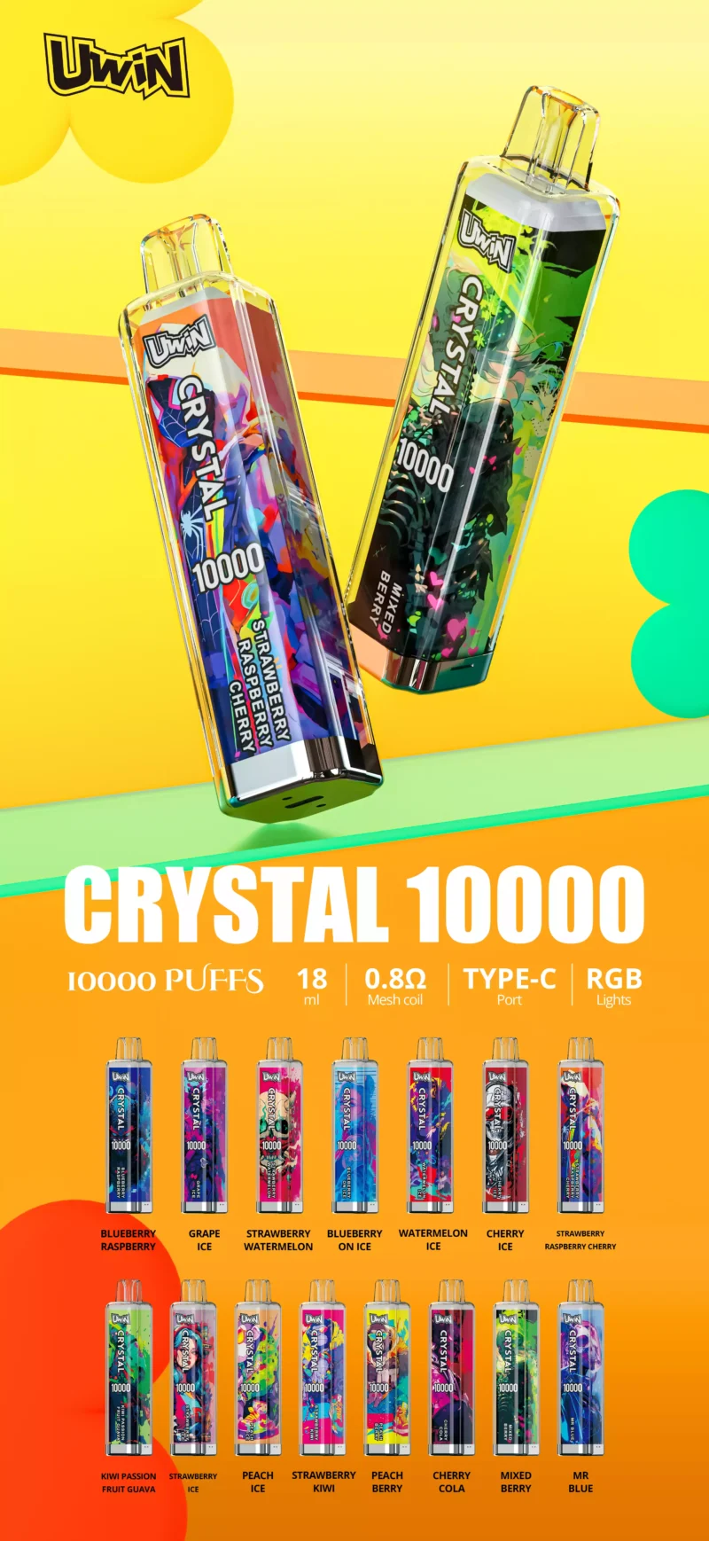 Uwin Crystal 10000 Puffs Rechargeable 650mAh Wholesale Disposable Vape RGB Lights Nicotine 0% 2% 3% 5% 15 Flavors Factory Bulk Buy (8)