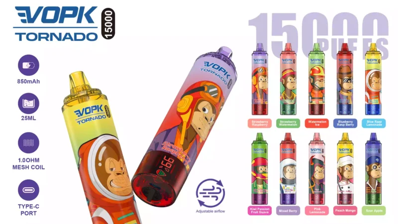 VOPK TORNADO 15000 Puffs Bulk Buy Rechargeable 0% 2% 3% 5% Low Nicotine Disposable Vape Wholesale Adjustable air LED Display 2025 Hot